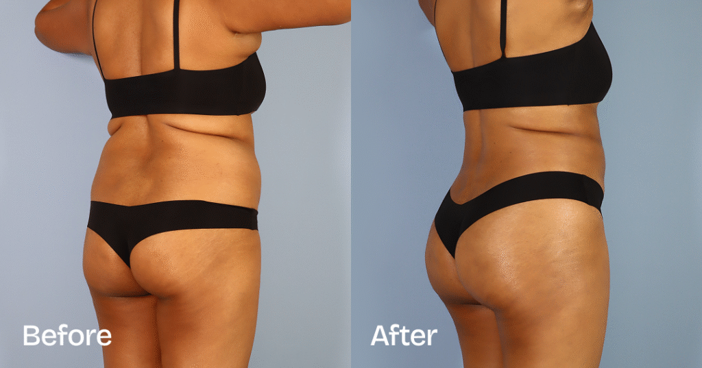 Do you want a bigger butt? Learn about the best big butt surgery from CREO Clinic in London. Before And After Bbl, Back Right View - Patient 6