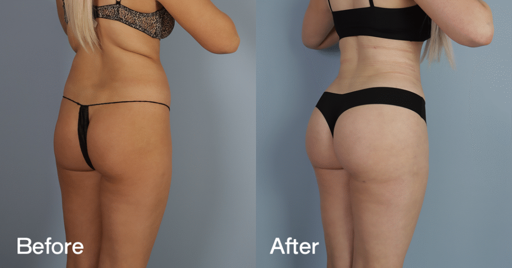 Do you want a bigger butt? Learn about the best big butt surgery from CREO Clinic in London. Before And After Bbl, Back Right View - Patient 4